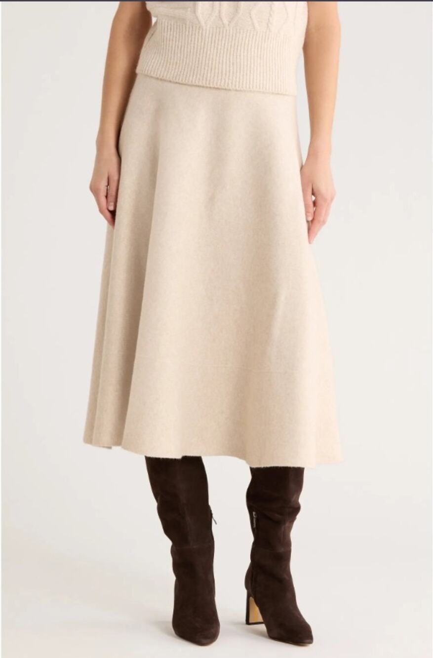 Elie Tahari Women's Creamy Beige A-line Sweater Knit Flowy Midi Skirt Small